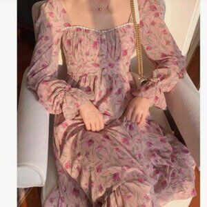 Women's long sleeve square neck floral dress long trumpet skirt ruffled hem NWOT